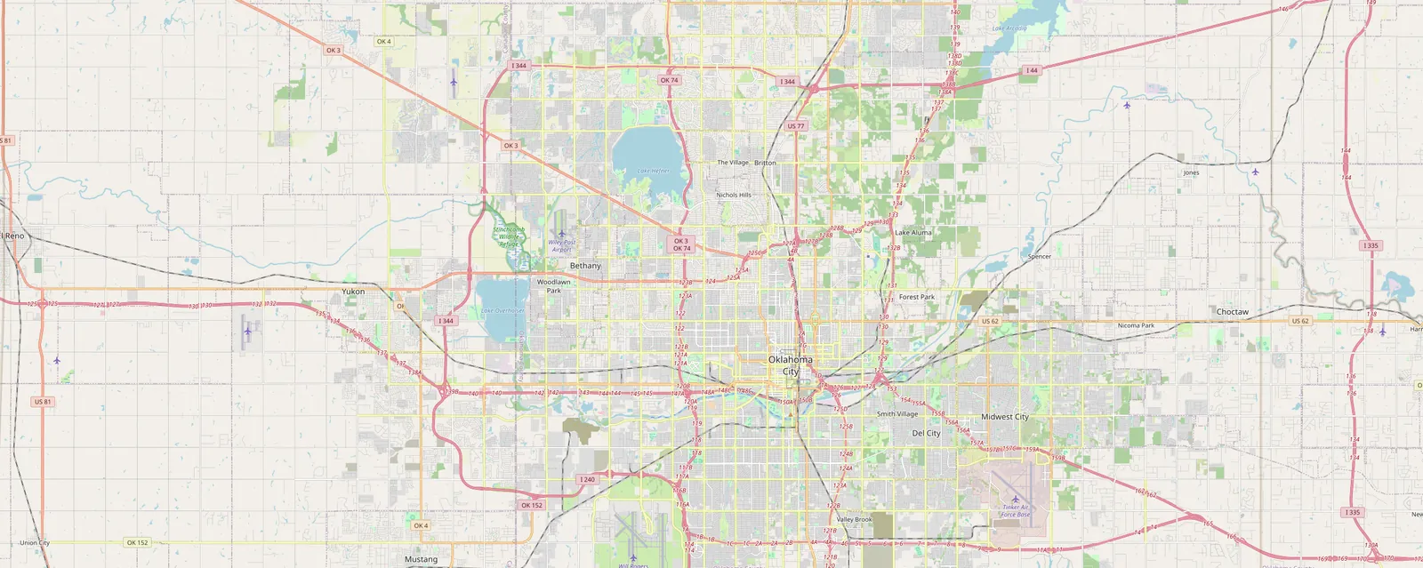 Map of the Oklahoma City metro showing BnB OKC's six home areas