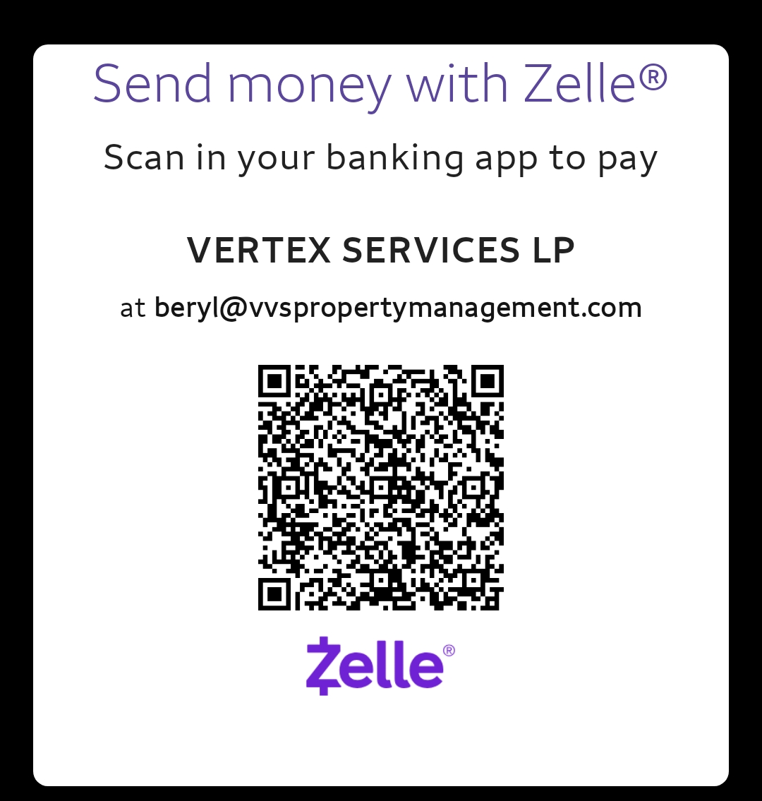 Zelle QR code to pay VERTEX SERVICES LP